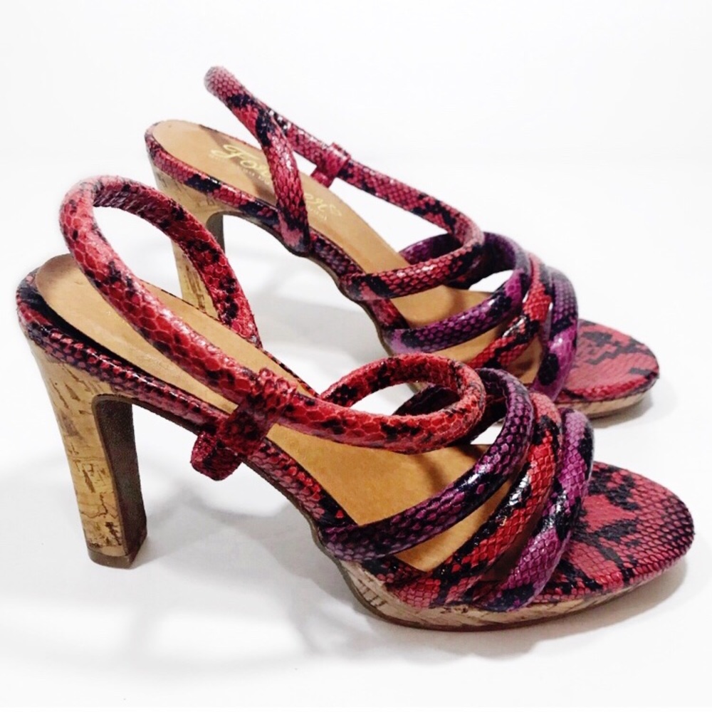 Faux Snakeskin Strappy Slip On Cork Heels